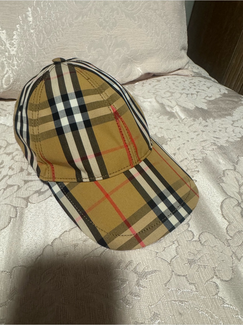 Burberry Beige Check Baseball Cap with Black & Red Accents